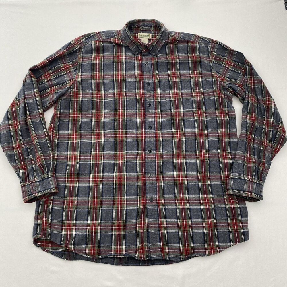LL Bean Flannel Shirt Mens Tall XL Gray Button Down Plaid Long Sleeve Workwear
